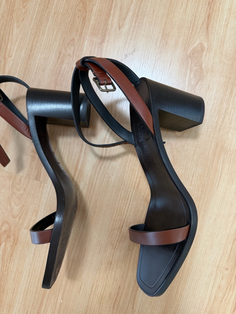 Saint Laurent Black and Brown Leather Ankle-Strap Square-Toe Sandals - Picture 2 of 8